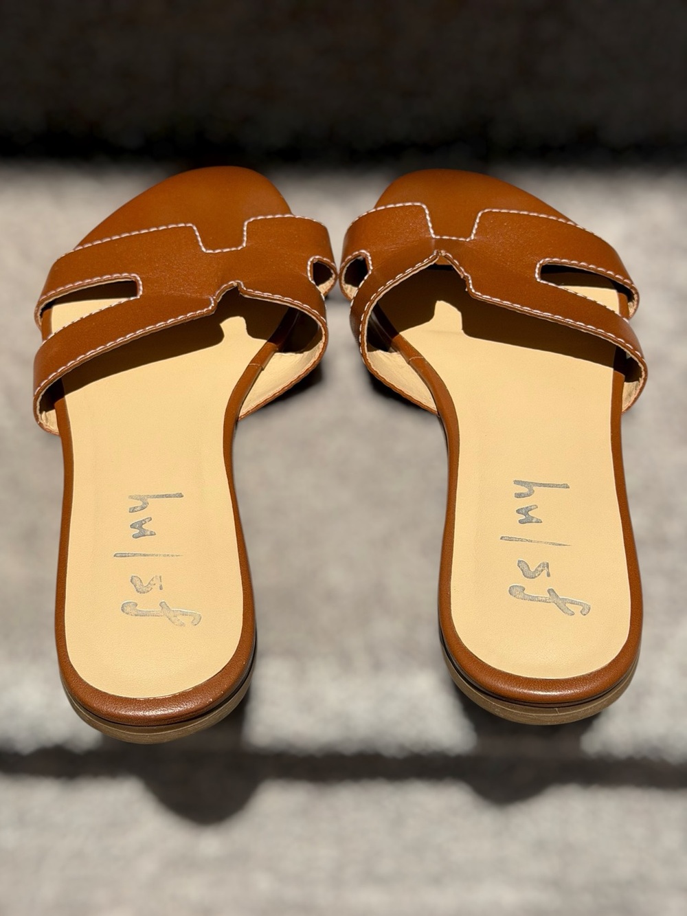 French Sole Alibi Leather Slide Sandals Cognac H Cutout Beach Summer Vacation - Picture 4 of 8